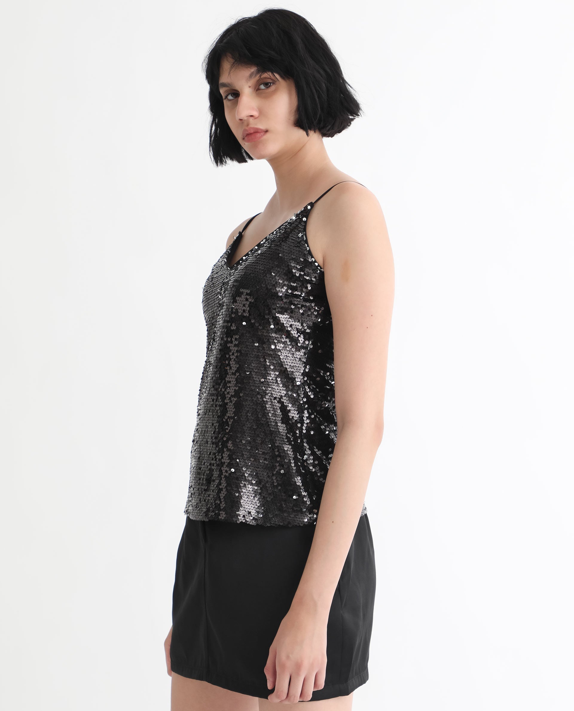 Rareism Women's Molly Sheen Black Polyester Collarless Sequined Shoulder Strap Regular Fit Top