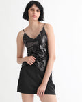 Rareism Women's Molly Sheen Black Polyester Collarless Sequined Shoulder Strap Regular Fit Top