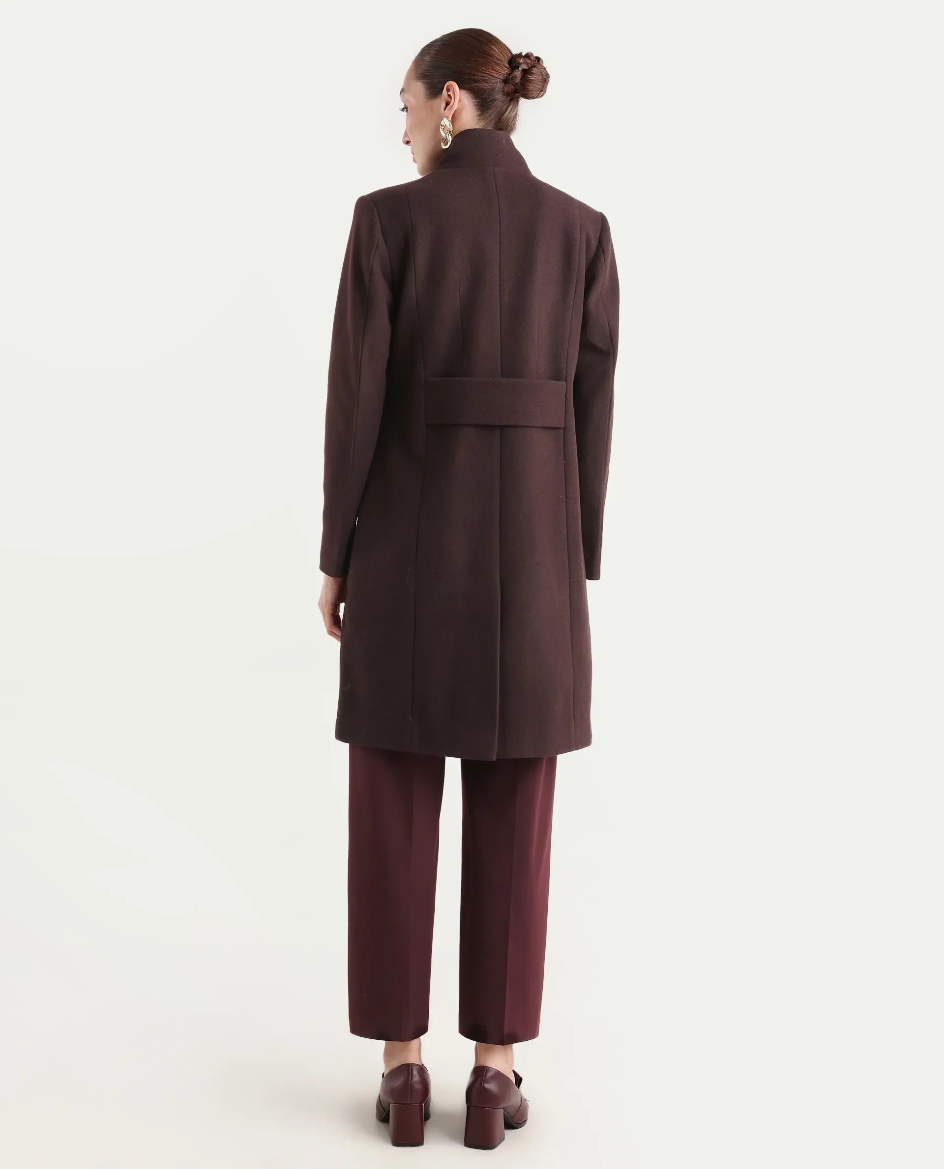 Rareism Women's Monchy Prune Polyester Blend High Neck Regular Fit Coat