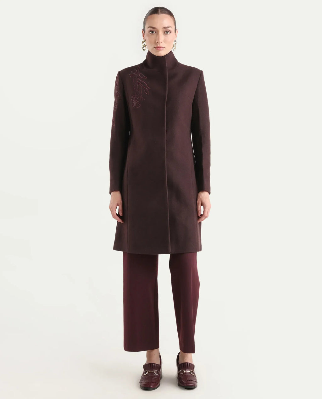 Rareism Women's Monchy Prune Polyester Blend High Neck Regular Fit Coat