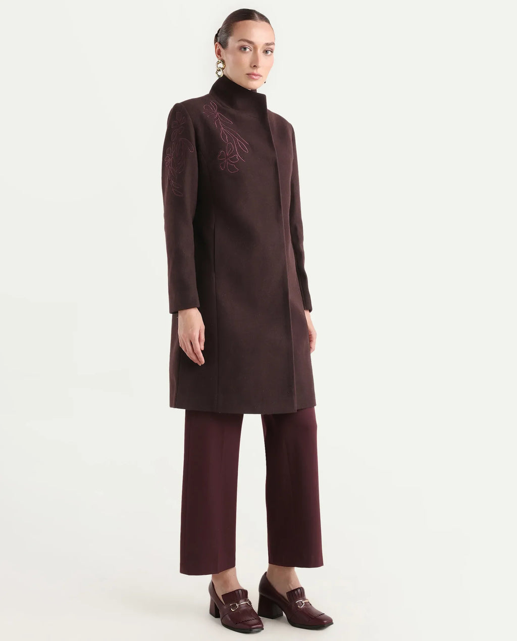 Rareism Women's Monchy Prune Polyester Blend High Neck Regular Fit Coat