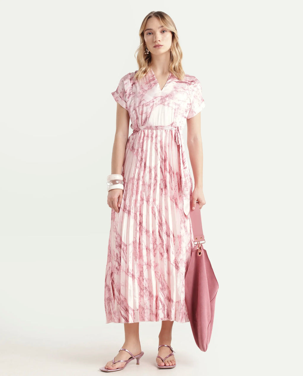Rareism Women's Montmello Metallic Pink Cotton Blend V-Neck Abstract Print Extended Sleeves Midi Fit And Flare Dress