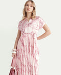 Rareism Women's Montmello Metallic Pink Cotton Blend V-Neck Abstract Print Extended Sleeves Midi Fit And Flare Dress