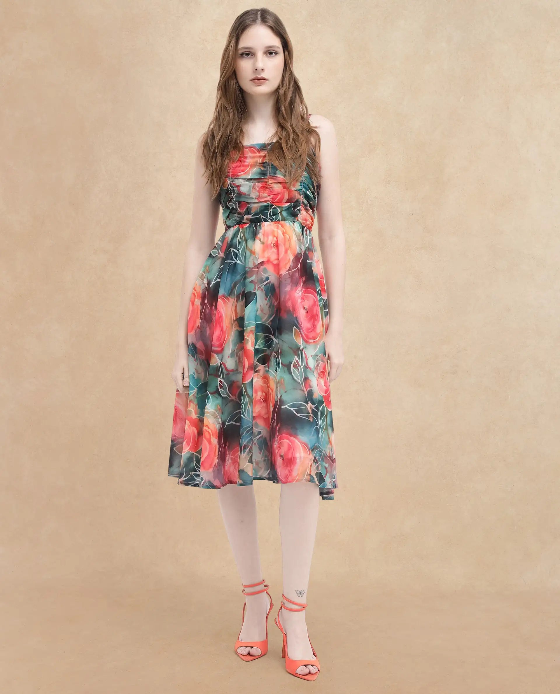 Rareism Women's Monza Dark Multi Polyester Shoulder Strap Floral Print Shoulder Strap Midi Fit And Flare Dress
