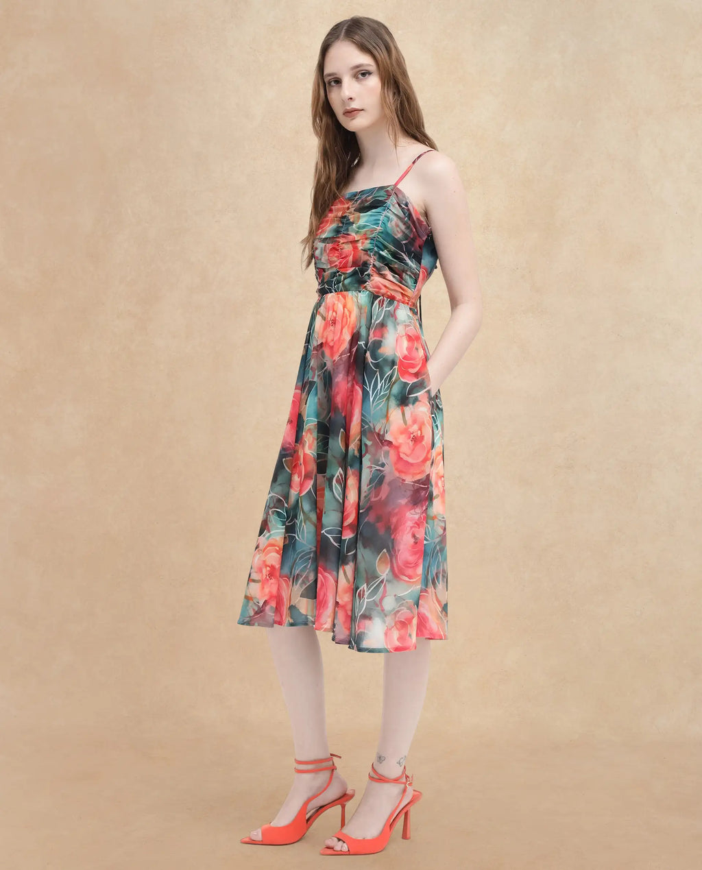 Rareism Women's Monza Dark Multi Polyester Shoulder Strap Floral Print Shoulder Strap Midi Fit And Flare Dress