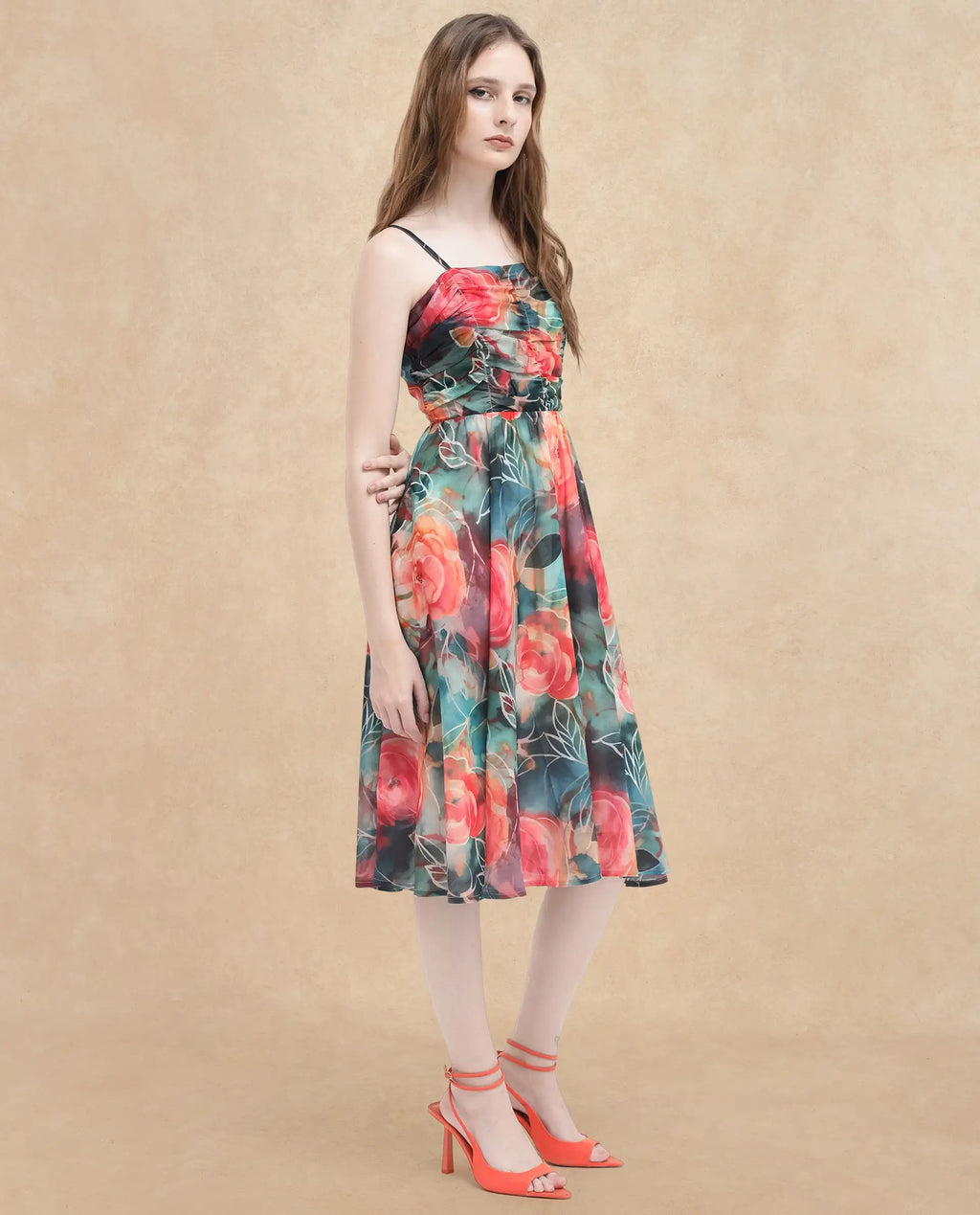 Rareism Women's Monza Dark Multi Polyester Shoulder Strap Floral Print Shoulder Strap Midi Fit And Flare Dress