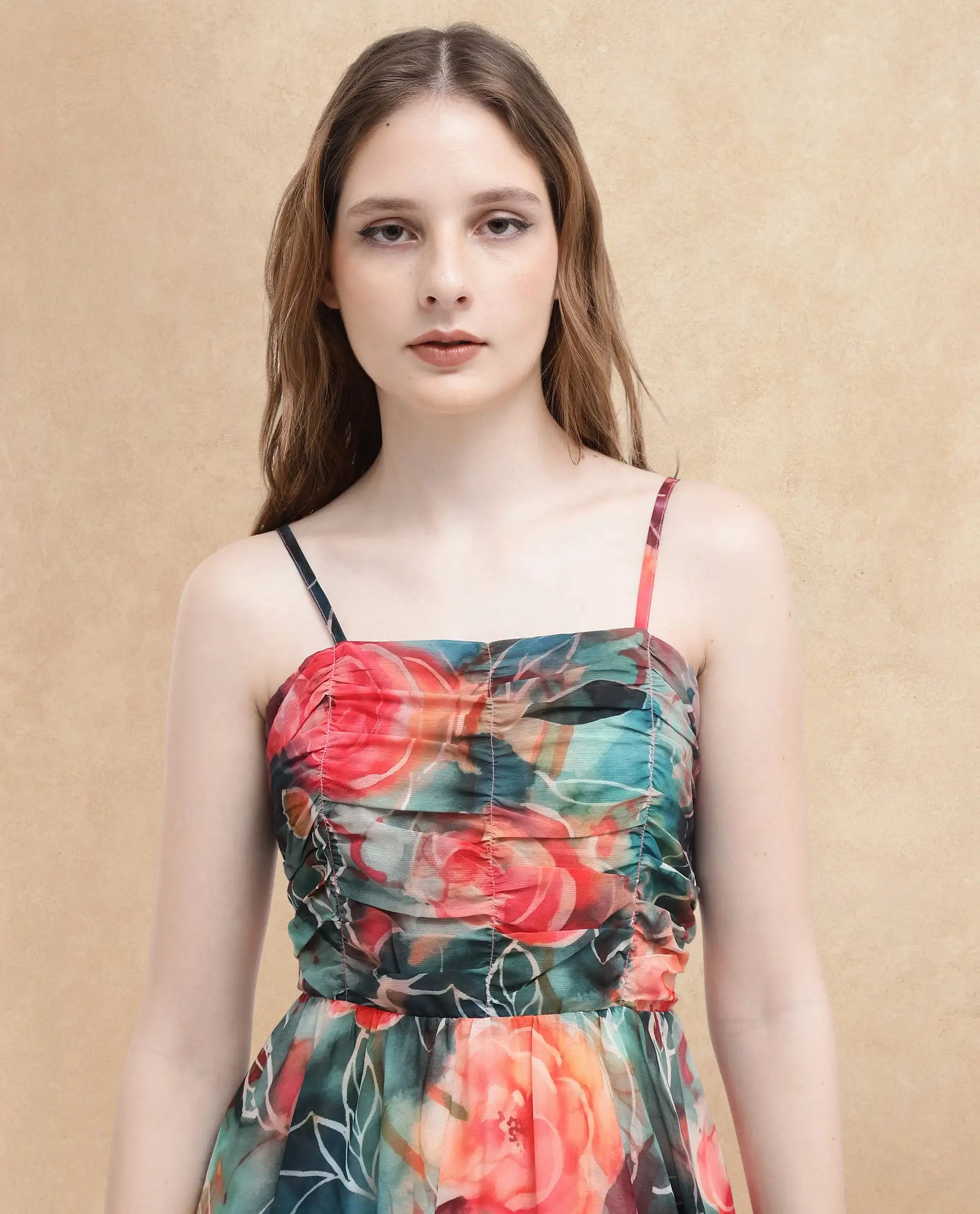 Rareism Women's Monza Dark Multi Polyester Shoulder Strap Floral Print Shoulder Strap Midi Fit And Flare Dress