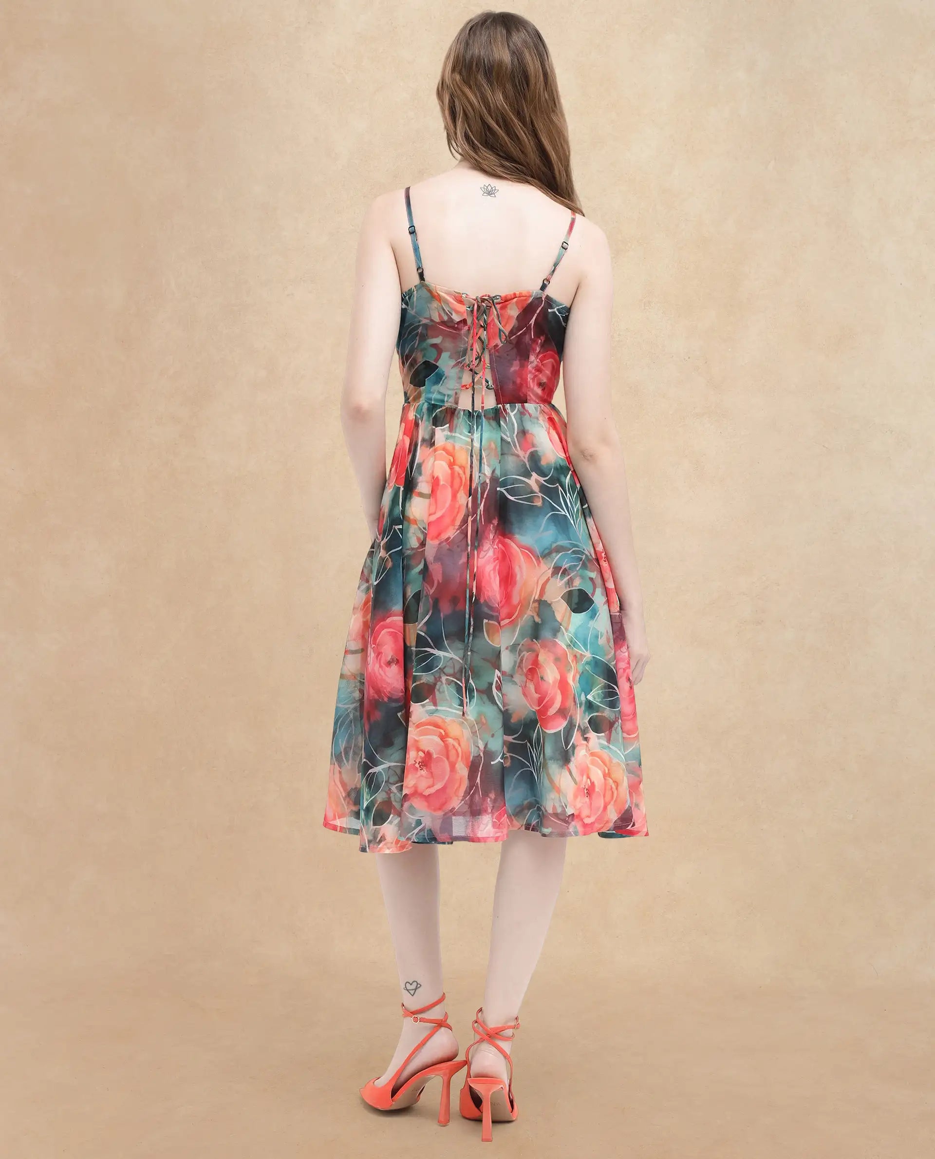 Rareism Women's Monza Sc Dark Multi Cotton Shoulder Strap Floral Print Shoulder Strap Midi Fit And Flare Dress