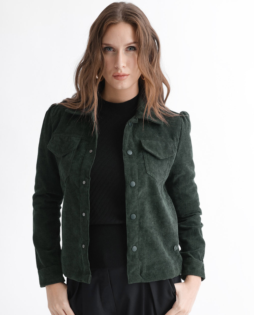 Rareism Women's Mooney Green Polyester Spread Collar Plain Regular Fit Jacket