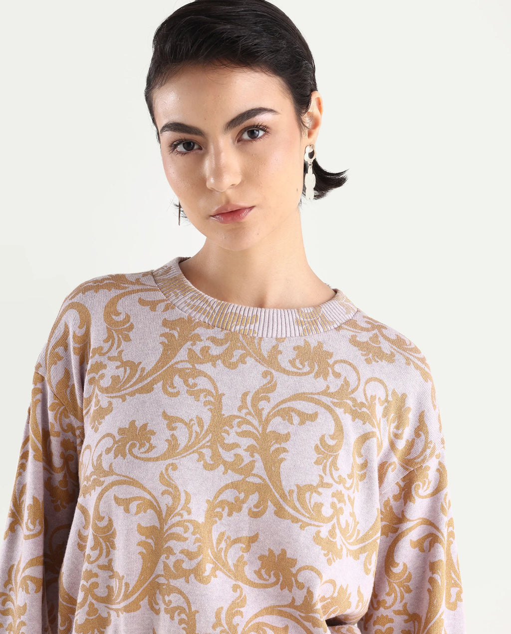 Rareism Women's Moon Light Purple Cotton High Neck Abstract Print Relaxed Fit Sweater