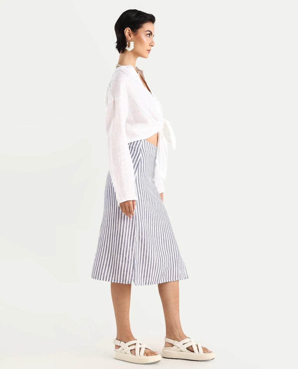 Rareism Women's Moonly Blue Linen Striped Midi Slim Fit Skirt