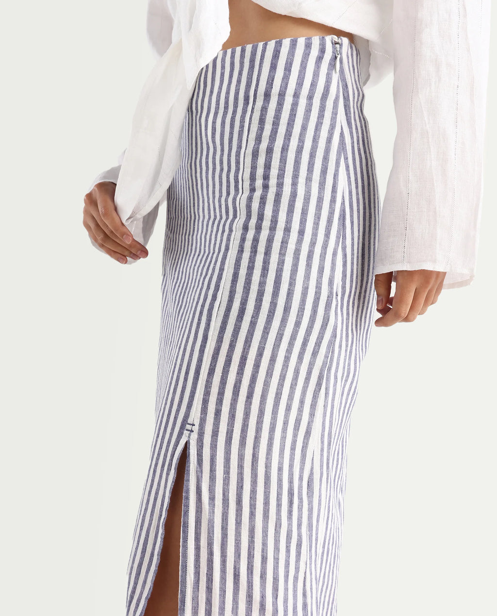 Rareism Women's Moonly Blue Linen Striped Midi Slim Fit Skirt