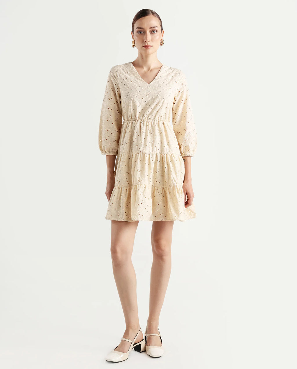 Rareism Women's Mosilo Off White Cotton V-Neck Plain Balloon Sleeve Knee Length Fit And Flare Dress