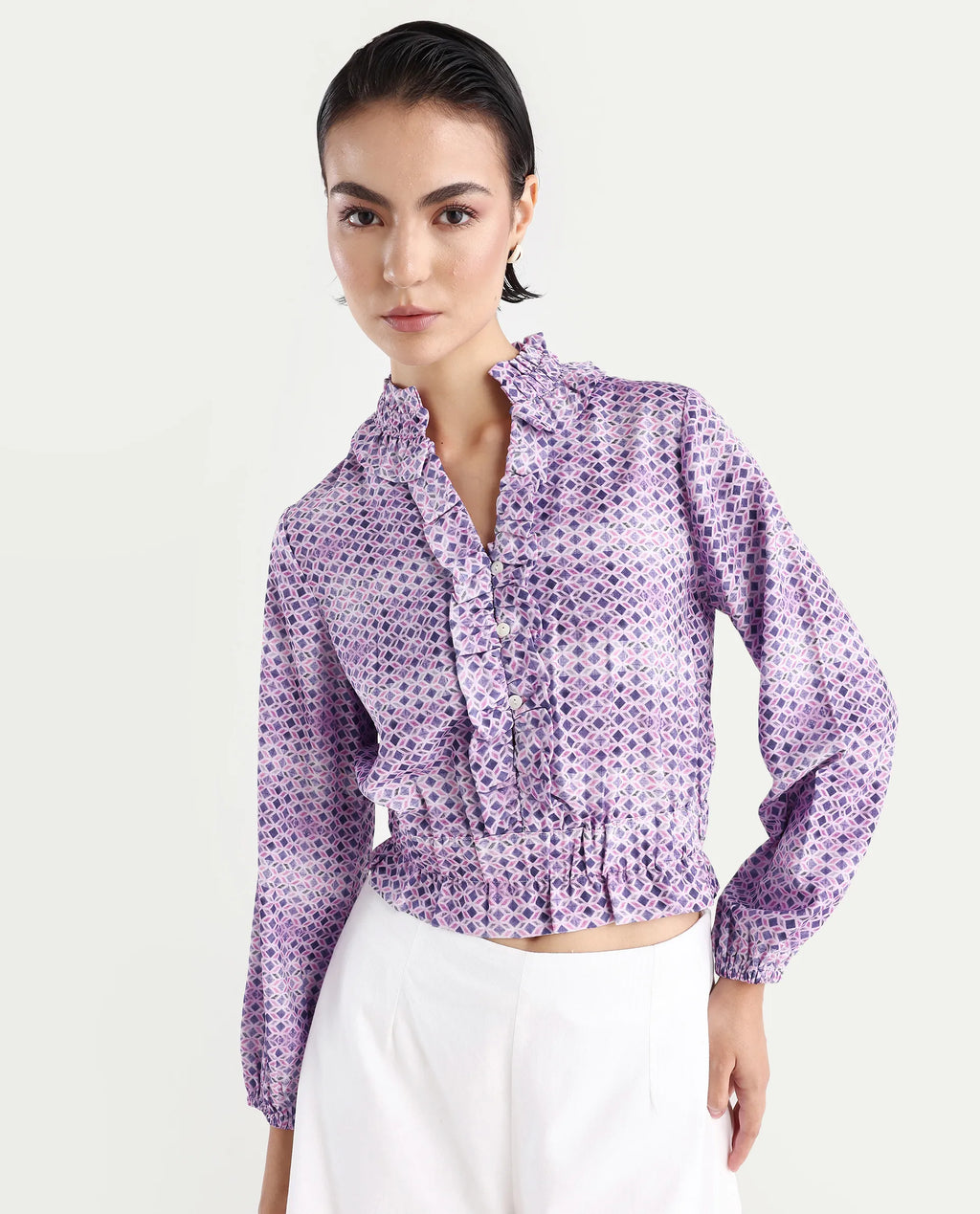 Rareism Women's Mugal Multi Polyester Blend V-Neck Geometric Print Balloon Sleeve Crop Regular Fit Top