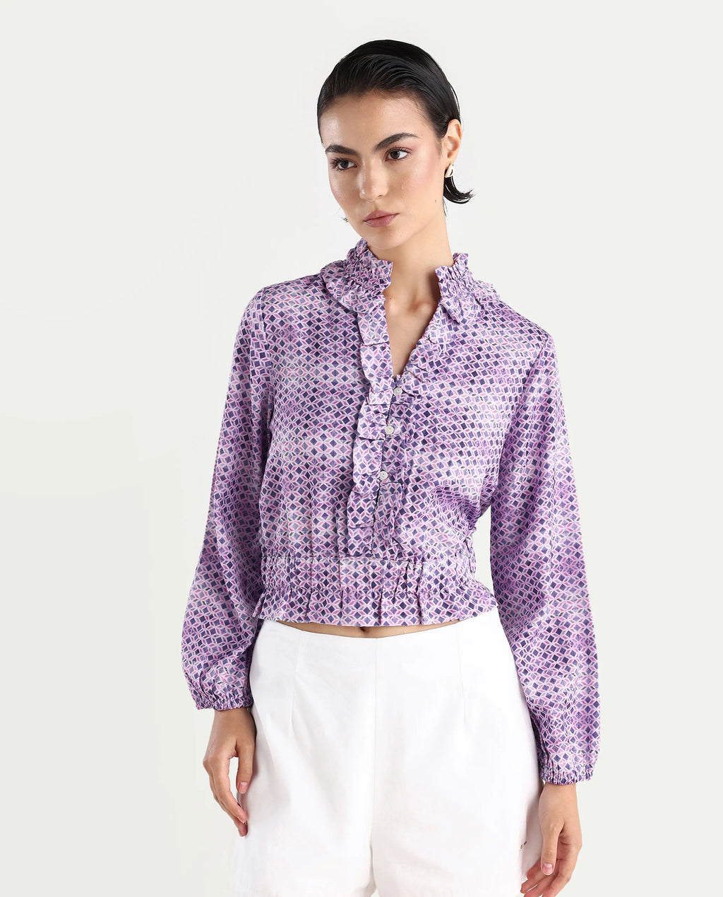 Rareism Women's Mugal Multi Polyester Blend V-Neck Geometric Print Balloon Sleeve Crop Regular Fit Top
