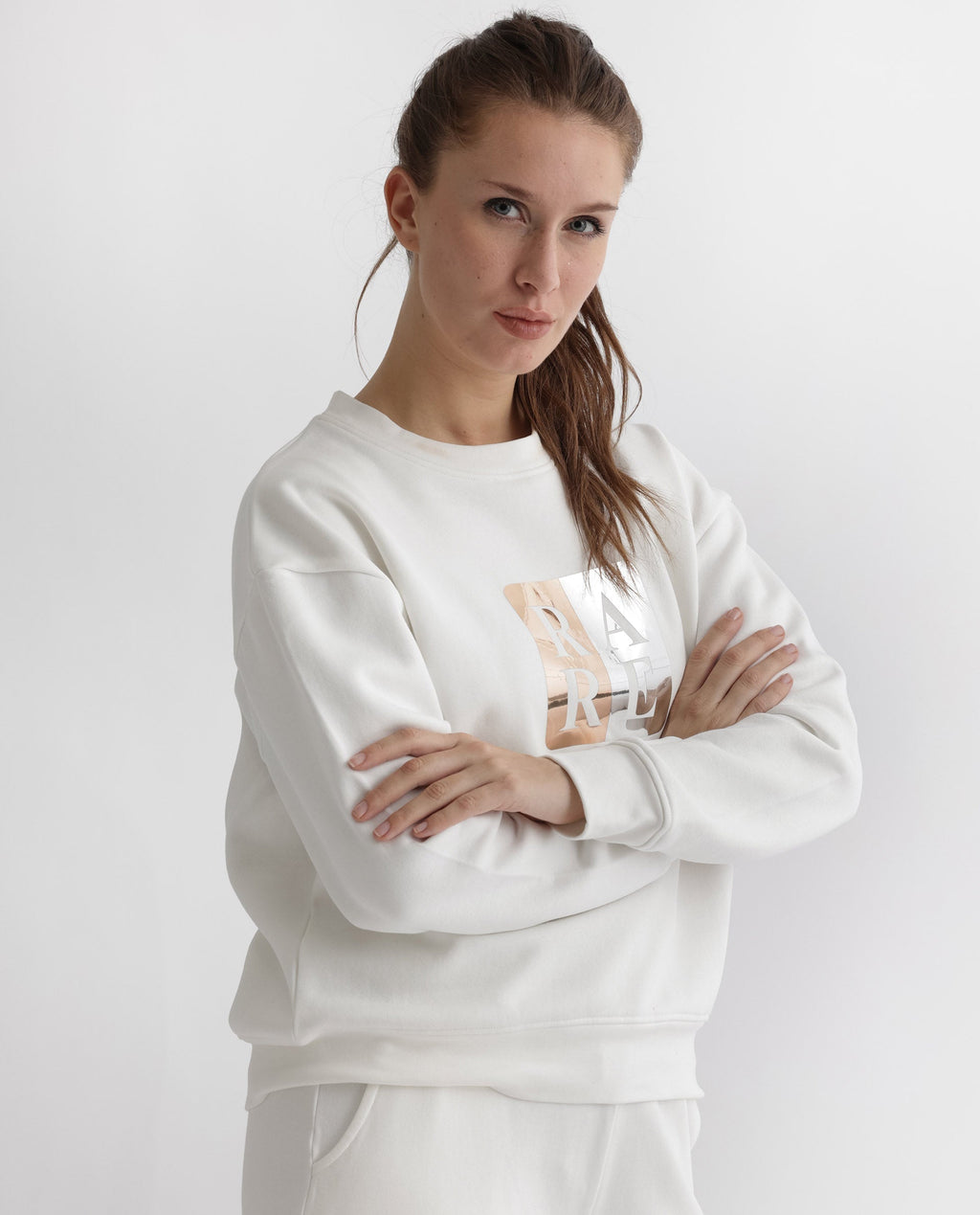 Rareism Women's Keith Off White Polyester Blend Crew Neck Graphic Print Relaxed Fit Sweatshirt
