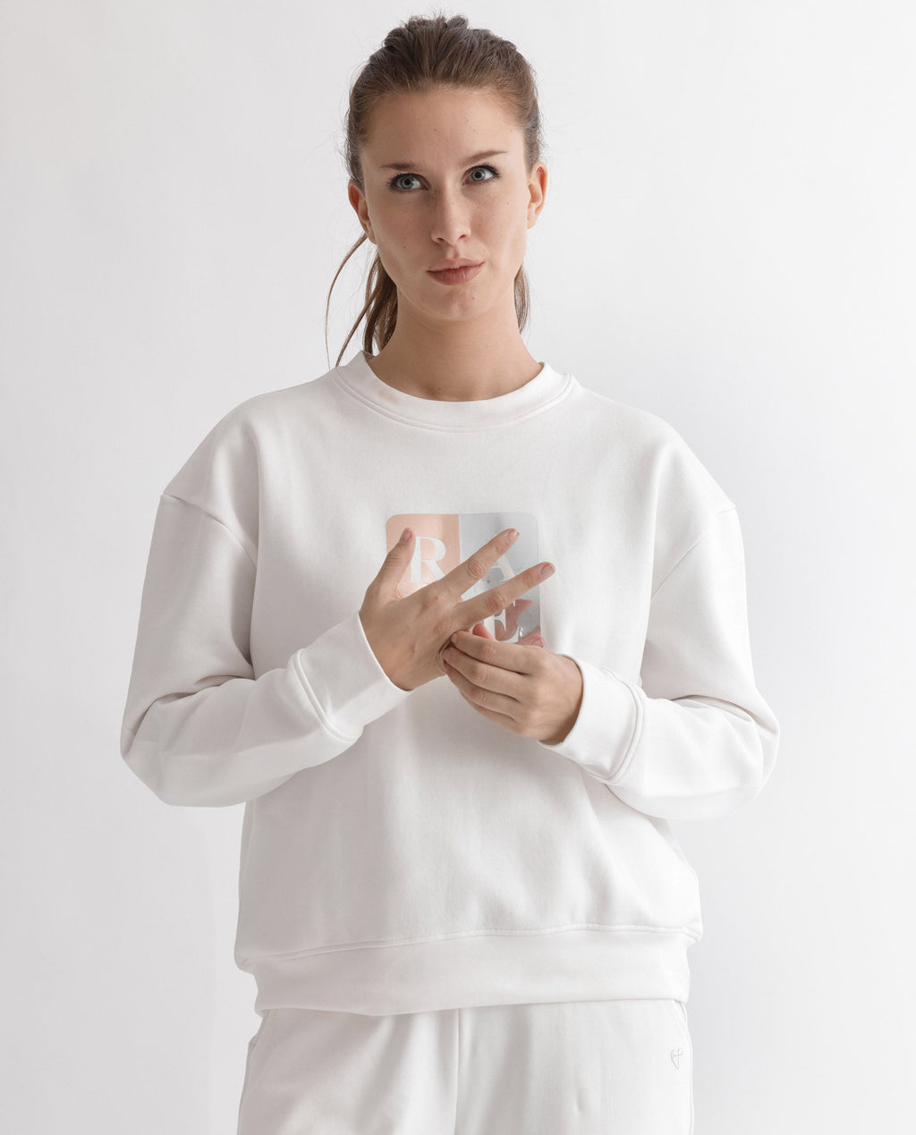 Rareism Women's Keith Off White Polyester Blend Crew Neck Graphic Print Relaxed Fit Sweatshirt