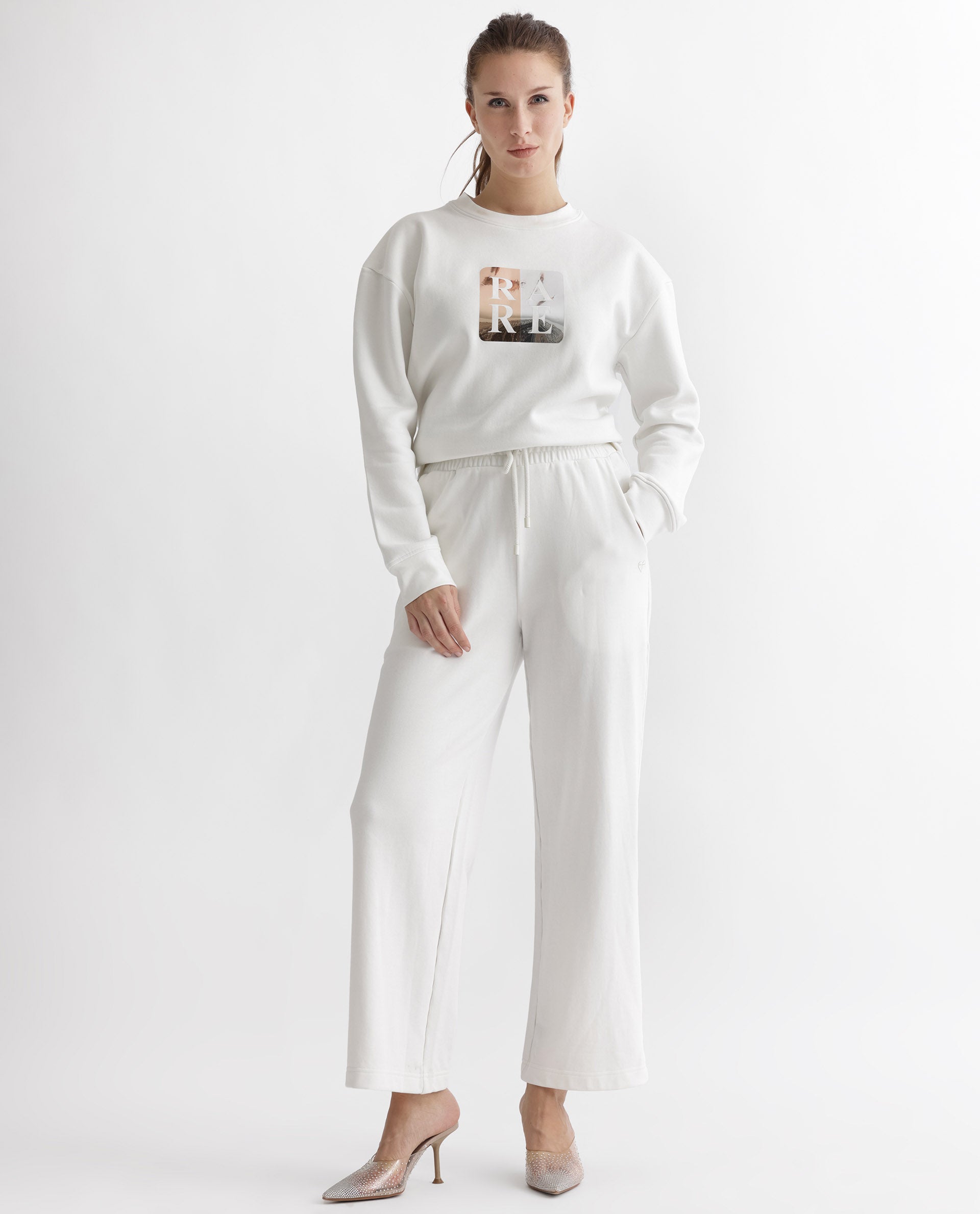 Rareism Women's Keith Off White Polyester Blend Crew Neck Graphic Print Relaxed Fit Sweatshirt