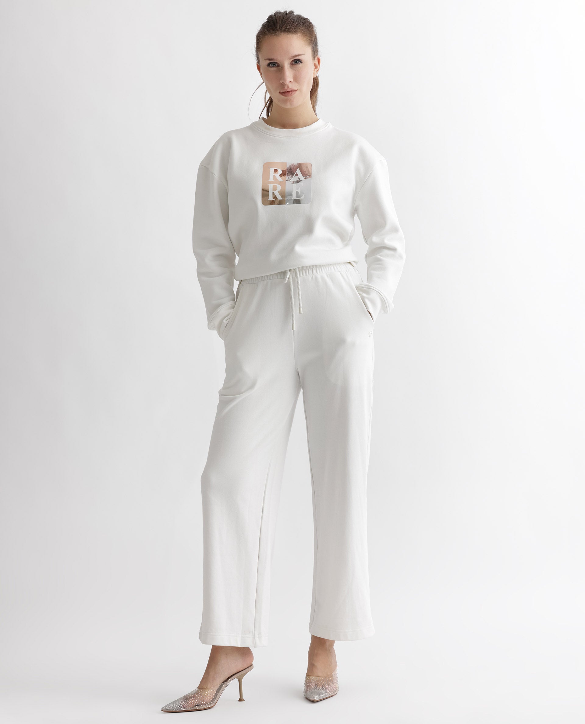 Rareism Women's Keith Off White Polyester Blend Crew Neck Graphic Print Relaxed Fit Sweatshirt