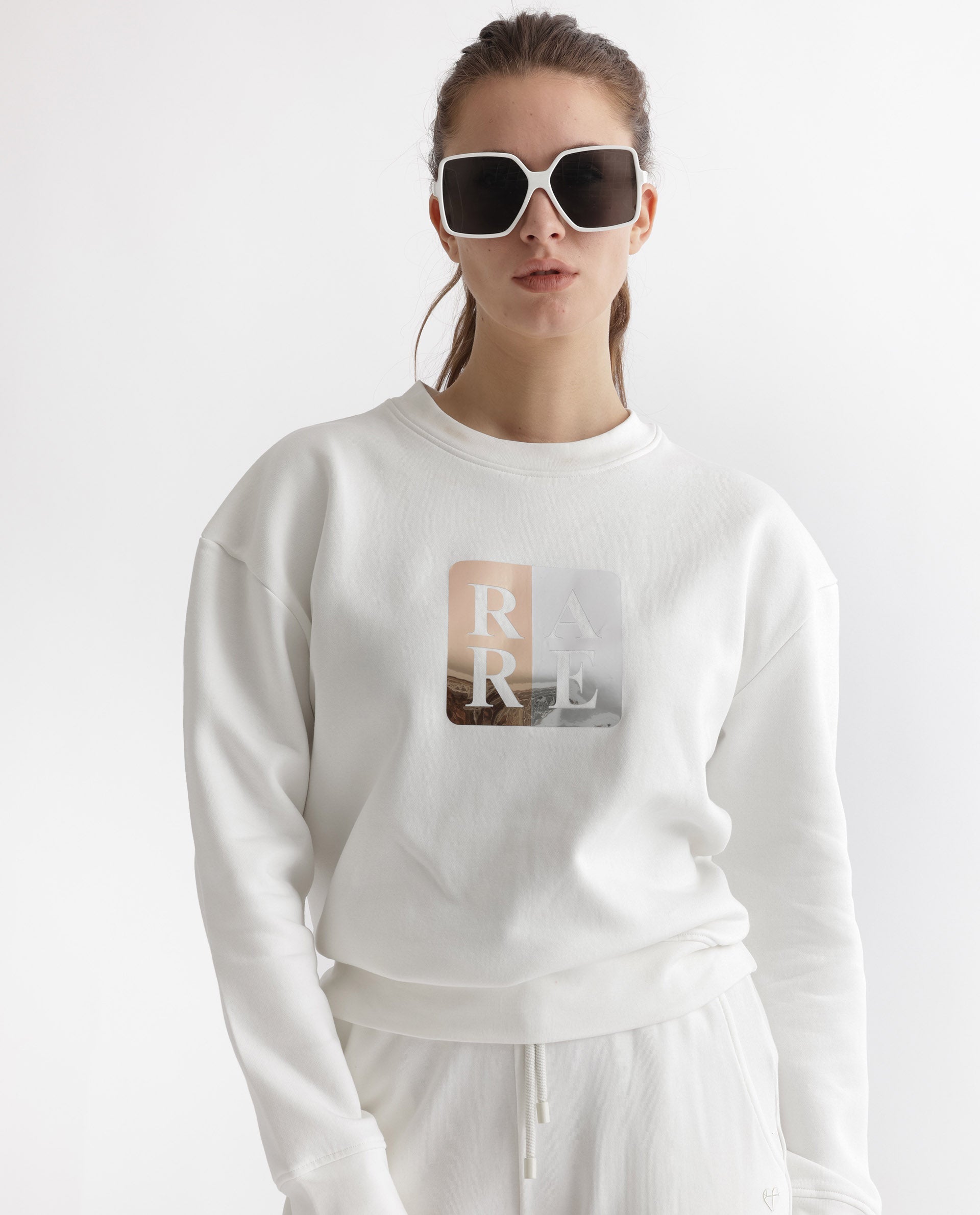 Rareism Women's Keith Off White Polyester Blend Crew Neck Graphic Print Relaxed Fit Sweatshirt