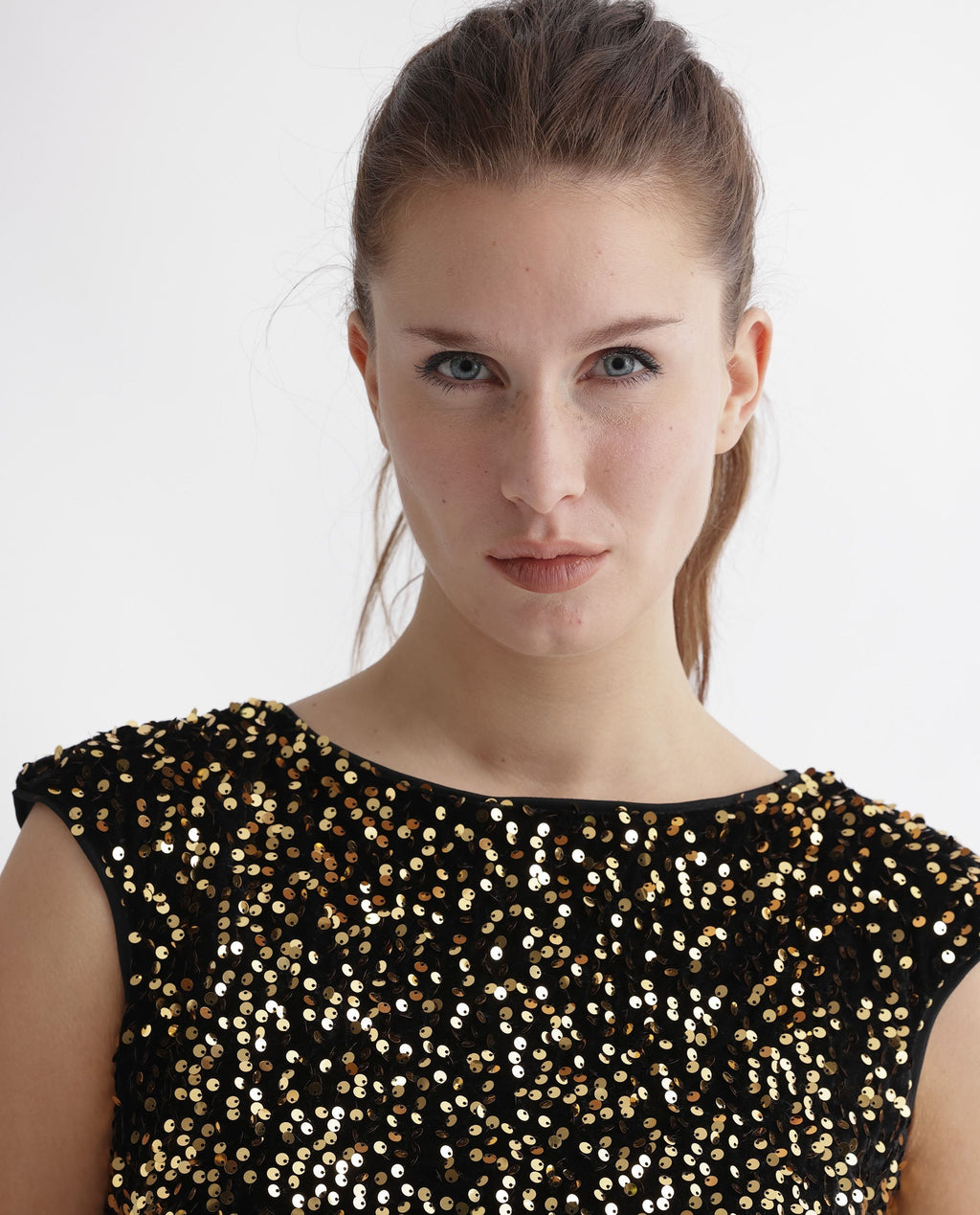 Rareism Women's Mulan Sheen Gold Polyester Crew Neck Sequined Extended Sleeves Mini Regular Fit Dress
