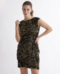 Rareism Women's Mulan Sheen Gold Polyester Crew Neck Sequined Extended Sleeves Mini Regular Fit Dress