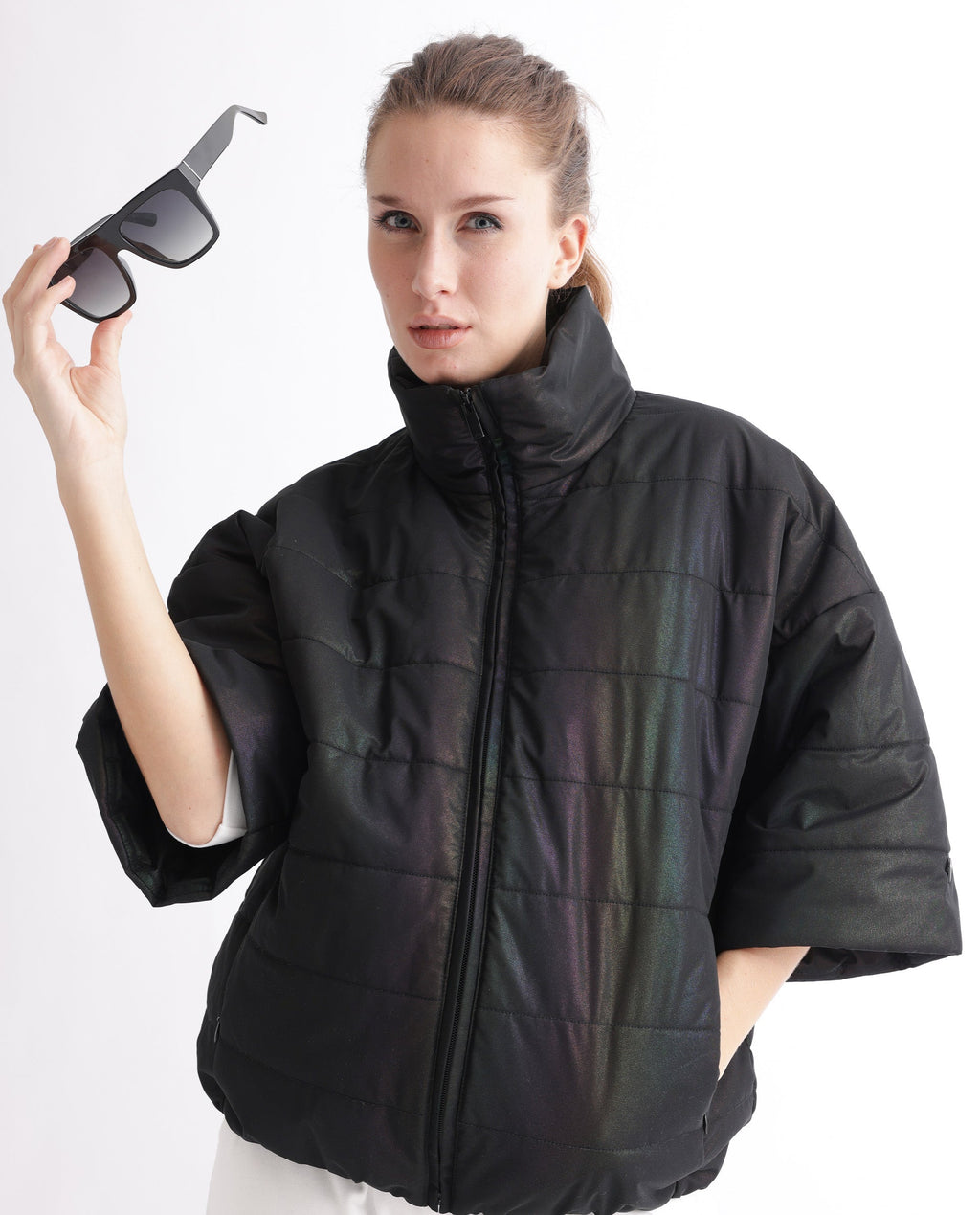 Rareism Women's Habit Black Polyester High Neck Plain Bell Sleeve Regular Fit Jacket