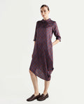 Rareism Women's Mullivio Brown Satin High Neck Geometric Print Midi Relaxed Fit Dress