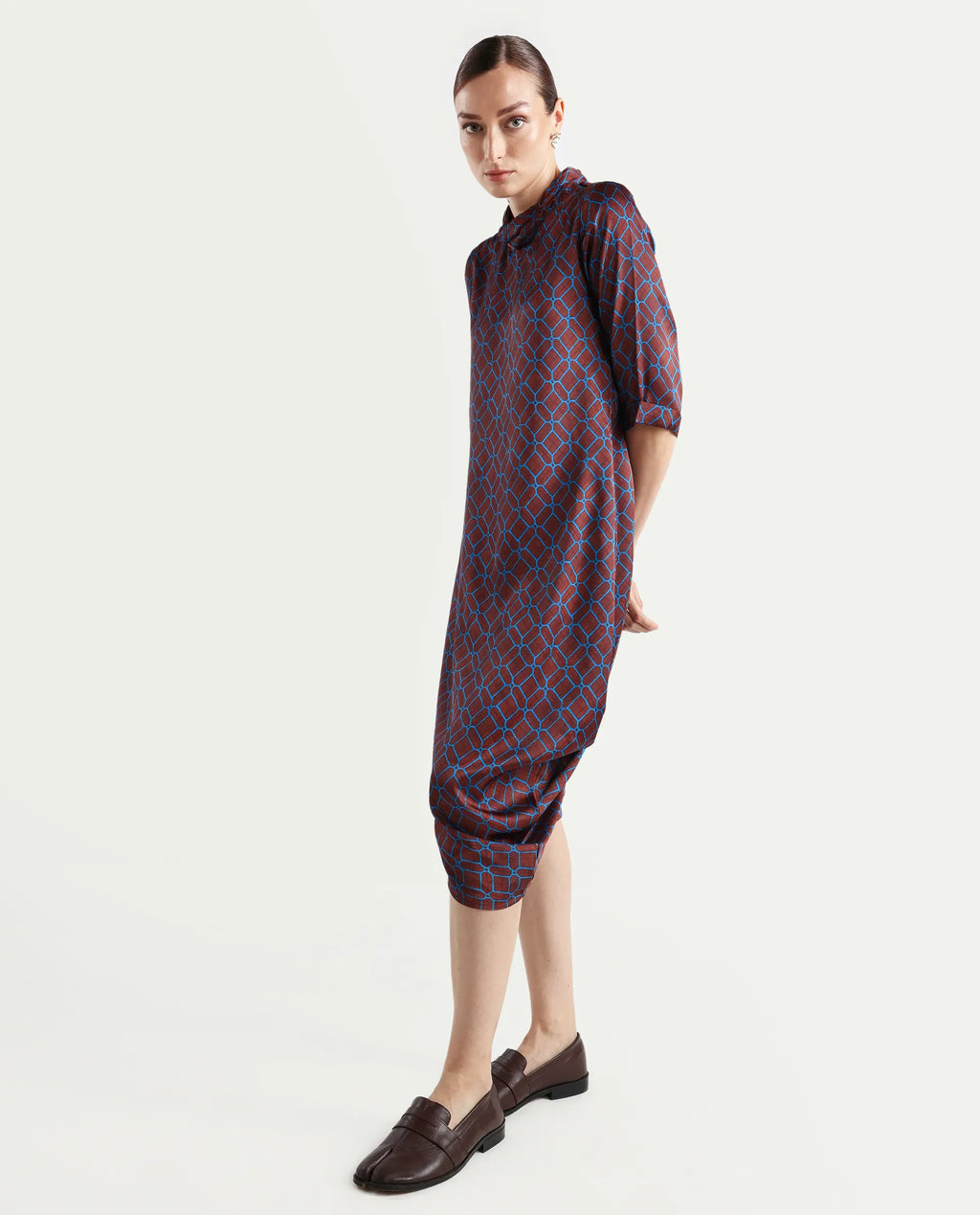 Rareism Women's Mullivio Brown Satin High Neck Geometric Print Midi Relaxed Fit Dress
