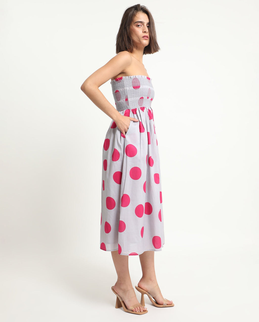 Rareism Women's Mureel Grey Cotton Shoulder Strap Polka Print Shoulder Strap Knee Length Fit And Flare Dress