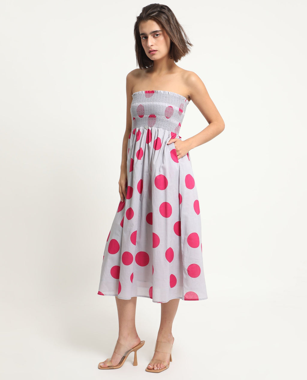 Rareism Women's Mureel Grey Cotton Shoulder Strap Polka Print Shoulder Strap Knee Length Fit And Flare Dress