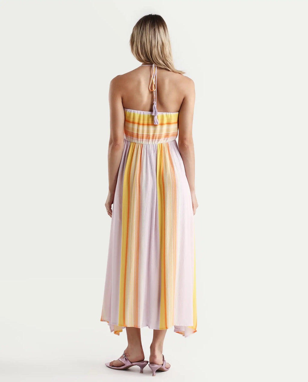 Rareism Women's Muse Pastel Purple Viscose Halter Neck Striped Sleeveless Maxi Fit And Flare Dress