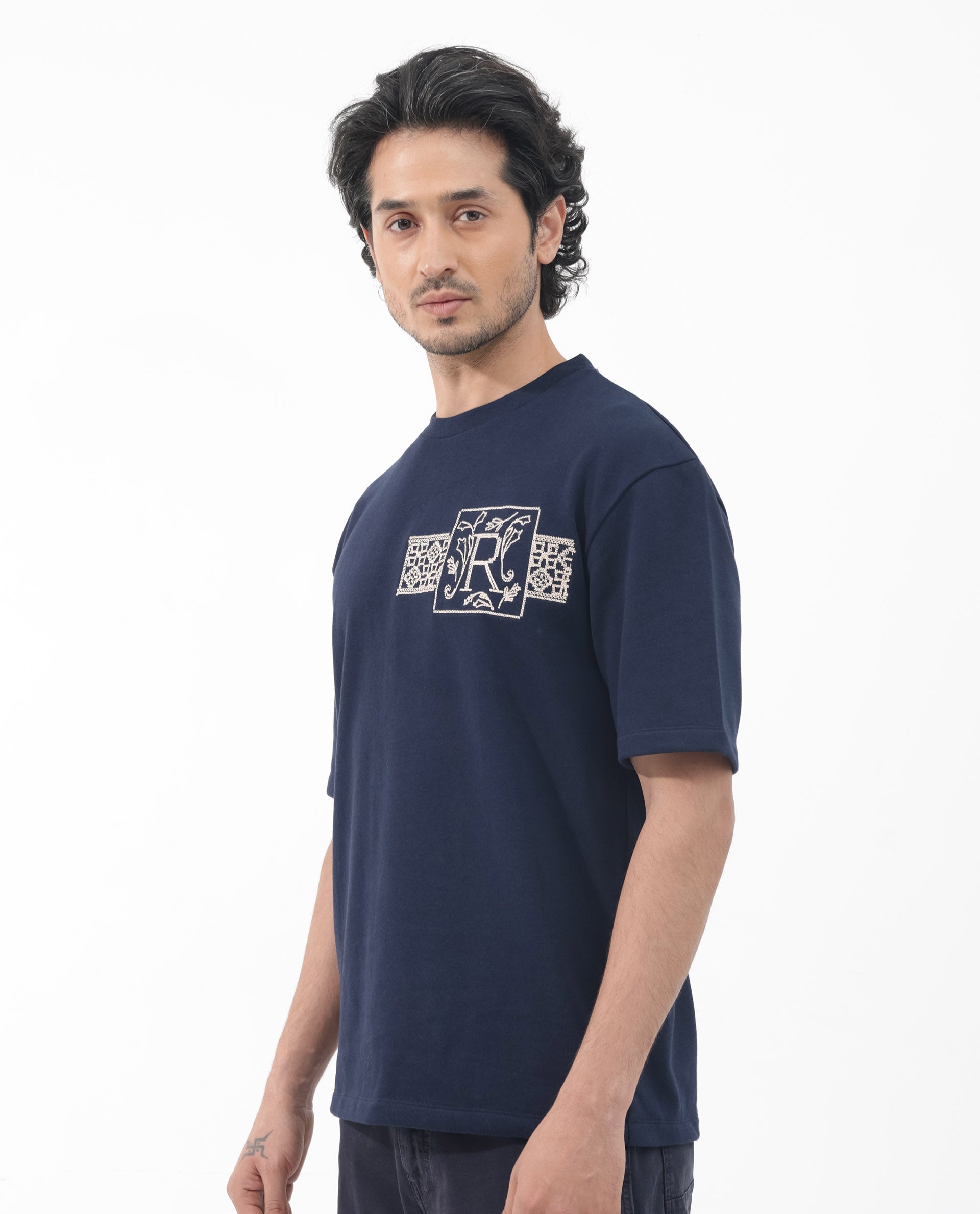 Rare Rabbit Men's Myro Navy Cotton Blend Embroidered Slim Fit Half Sleeve Crew Neck T-Shirt