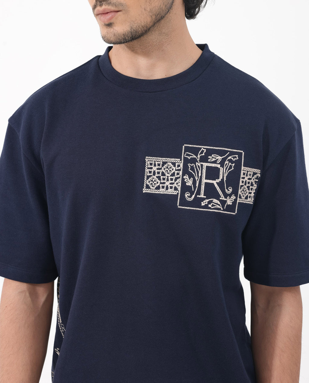 Rare Rabbit Men's Myro Navy Cotton Blend Embroidered Slim Fit Half Sleeve Crew Neck T-Shirt