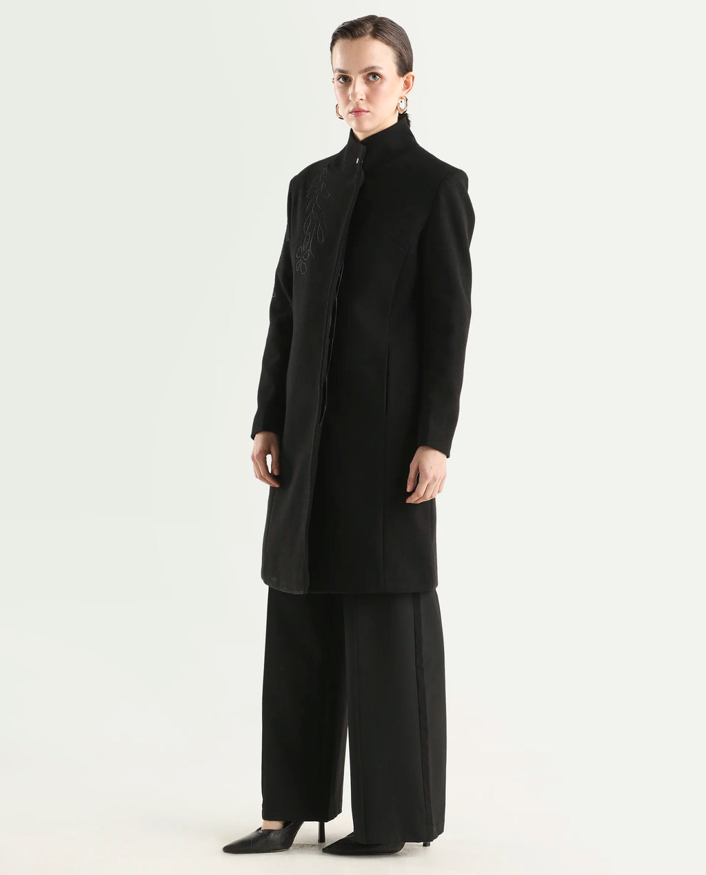 Rareism Women's Monchy Black Polyester Blend High Neck Regular Fit Coat