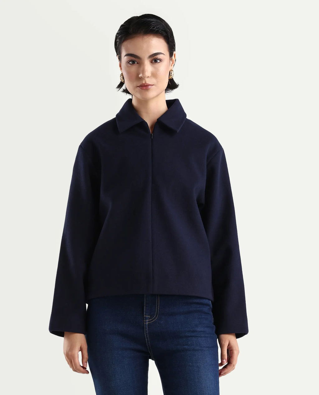 Rareism Women's Nacoz Navy Polyester Blend Spread Collar Regular Fit Jacket