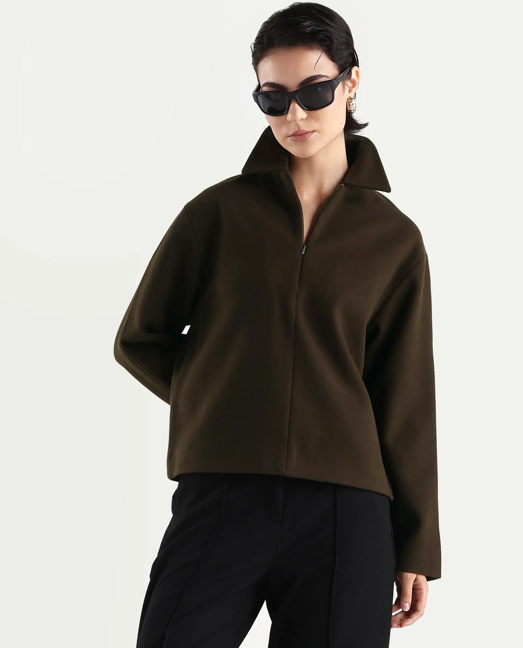 Rareism Women's Nacoz Olive Polyester Blend Spread Collar Regular Fit Jacket