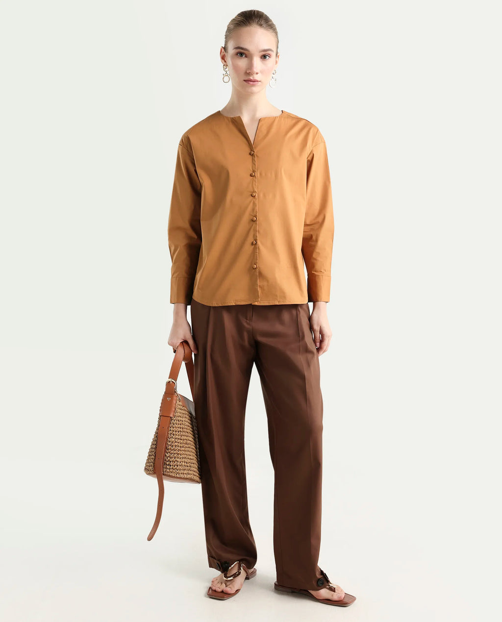 Rareism Women's Nagoya Light Brown Crew Neck Plain Cuffed Sleeve Regular Fit Top