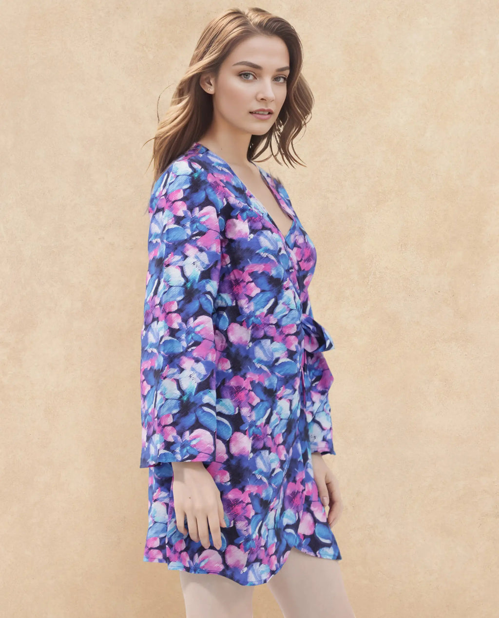 Rareism Women's Naho Multi Rayon Overlap Neck Floral Print Mini Wrap Dress