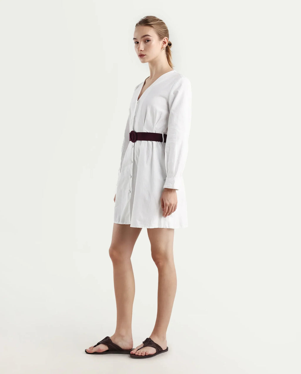 Rareism Women's Nami White Cotton V-Neck Plain Mini Regular Fit Dress