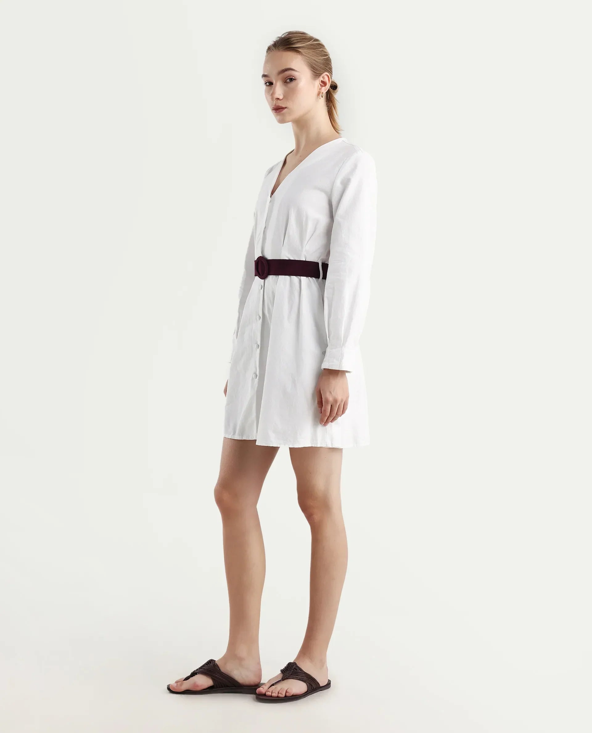 Rareism Women's Nami White Cotton V-Neck Plain Mini Regular Fit Dress