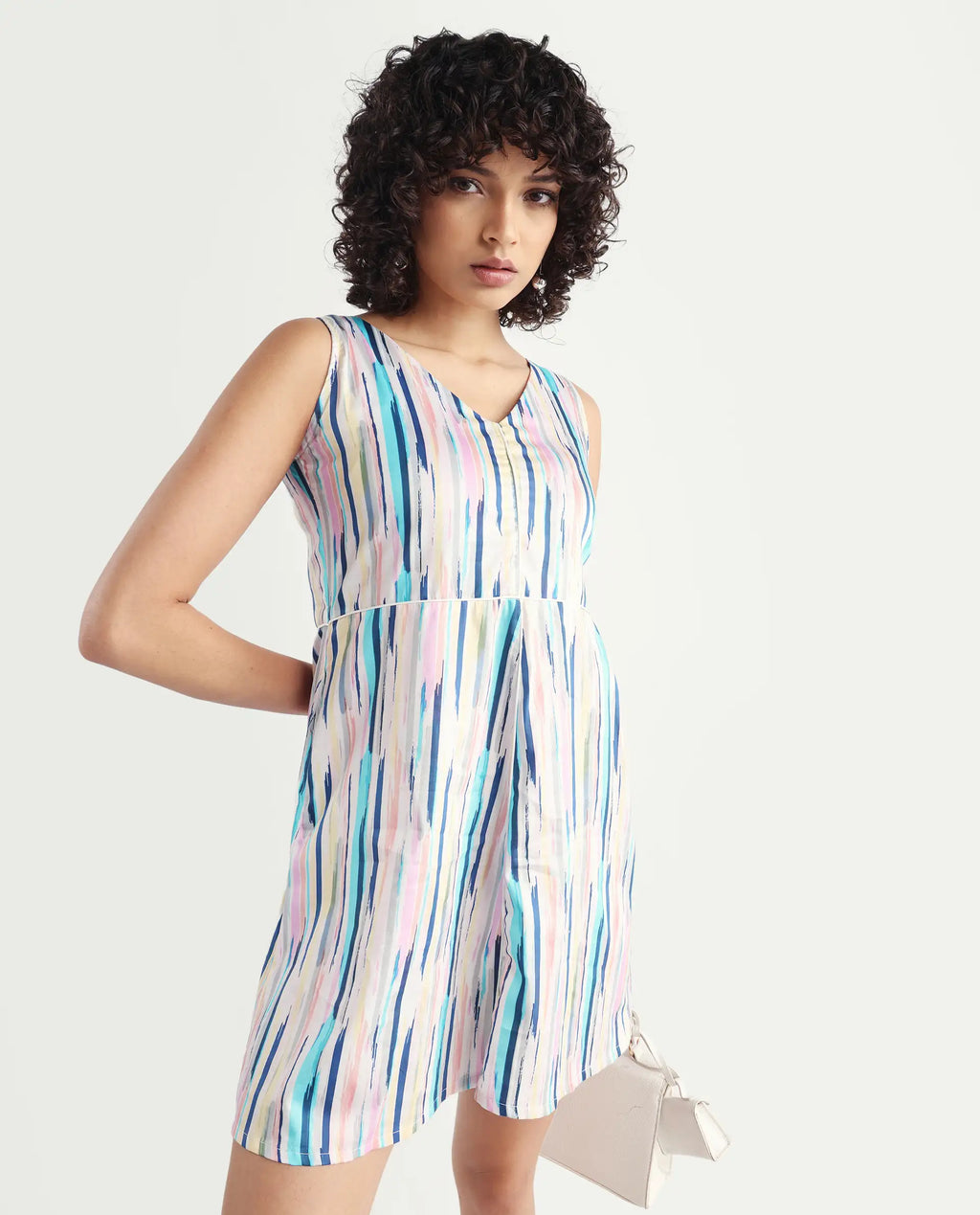 Rareism Women's Nano Multi Cotton Blend V-Neck Striped Sleeveless Mini Regular Fit Dress