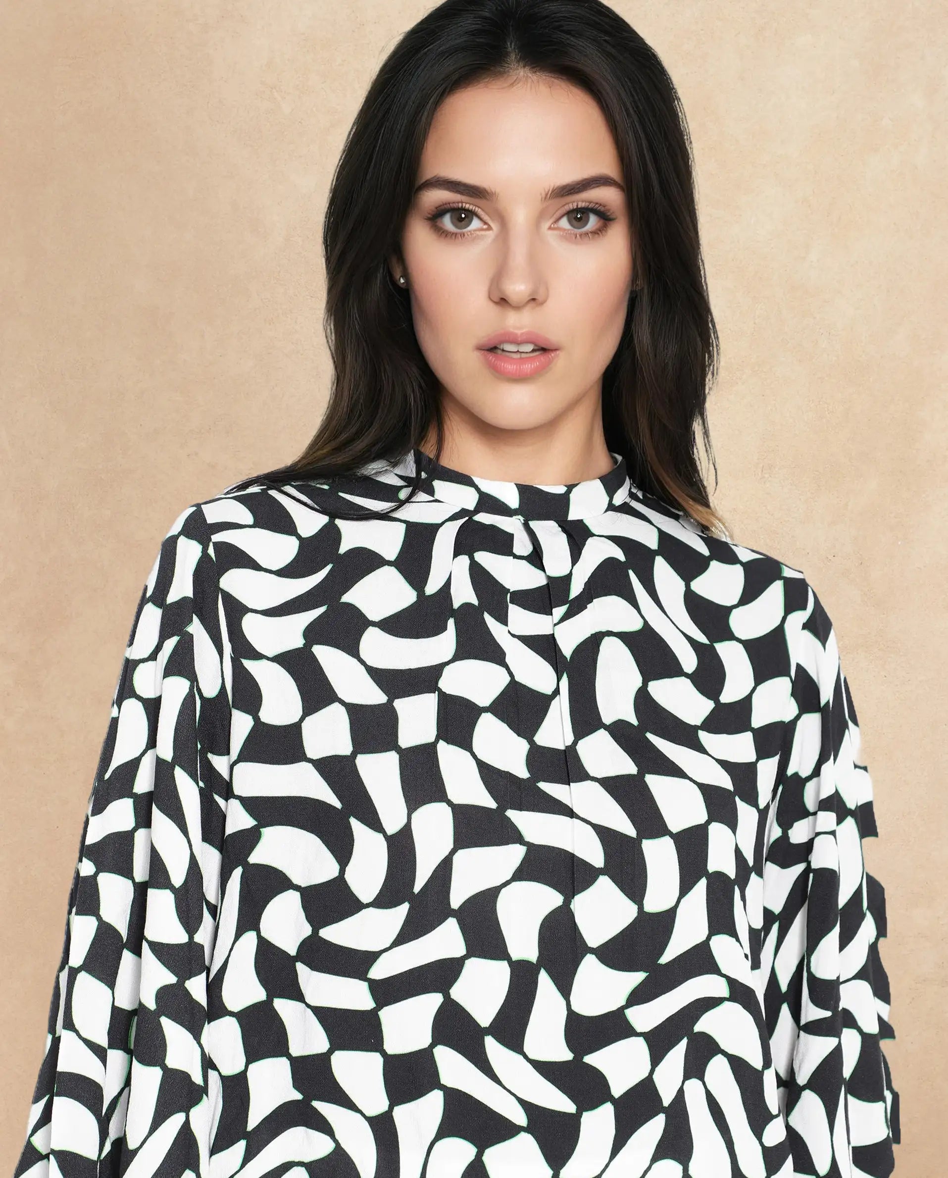Rareism Women's Napleo Black Viscose Blend High Neck Geometric Print Bell Sleeve Regular Fit Top