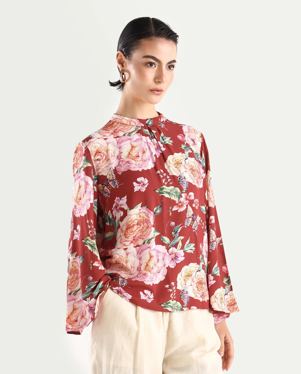 Rareism Women's Naplesco Maroon Viscose Blend High Neck Floral Print Bell Sleeve Regular Fit Top