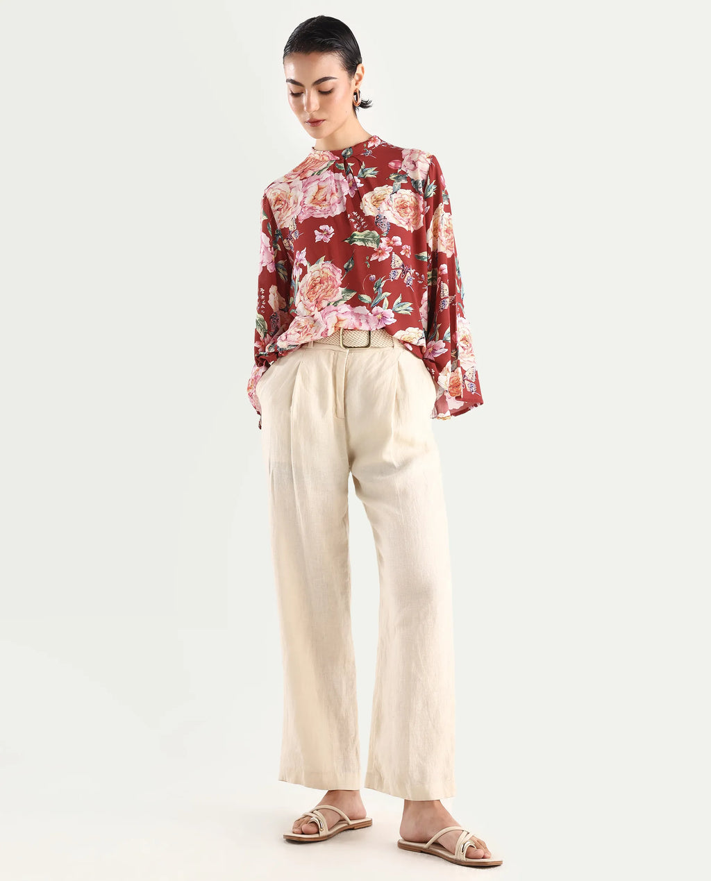Rareism Women's Naplesco Maroon Viscose Blend High Neck Floral Print Bell Sleeve Regular Fit Top