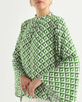 Rareism Women's Naples Dark Green Viscose Blend High Neck Geometric Print Bell Sleeve Regular Fit Top