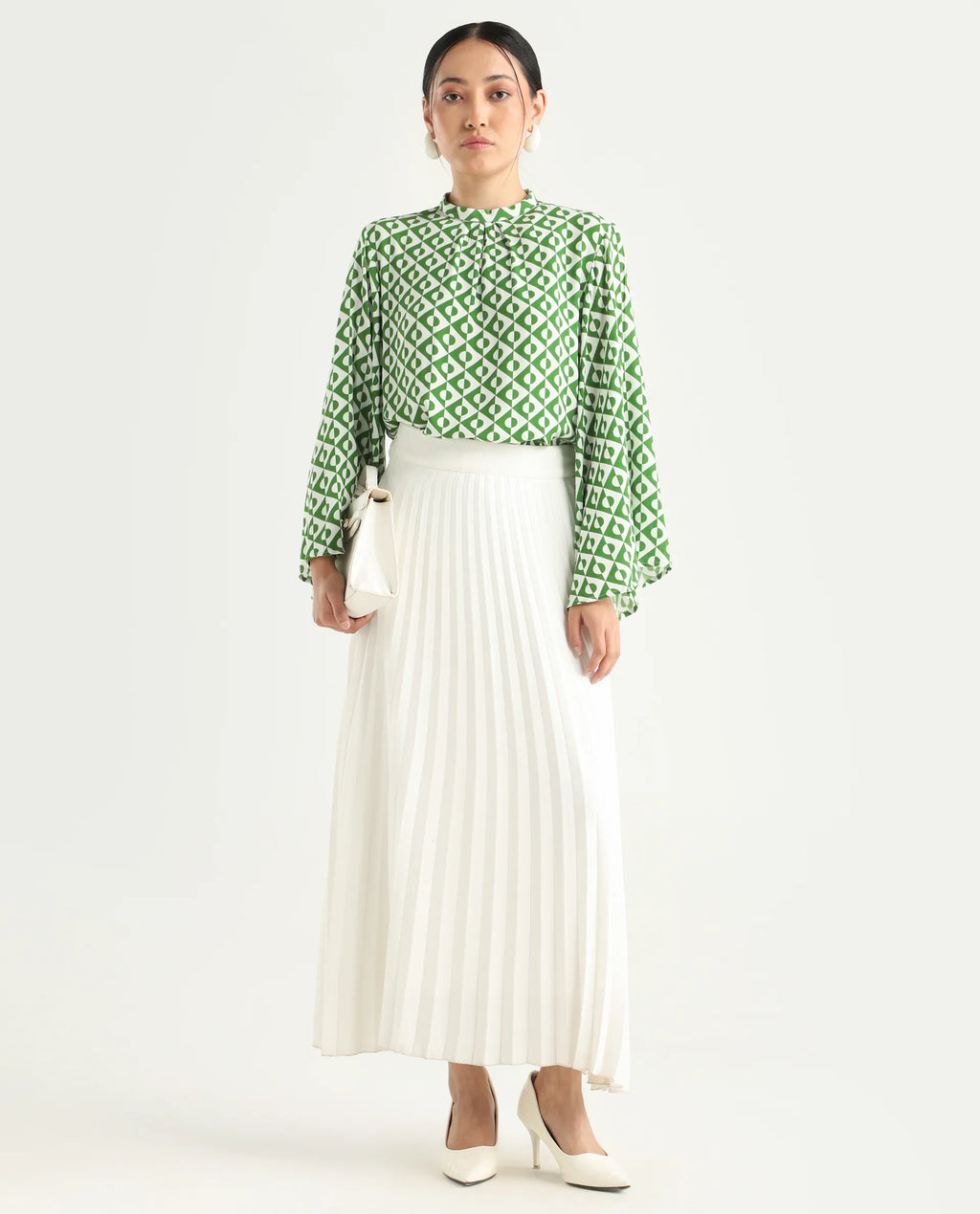 Rareism Women's Naples Dark Green Viscose Blend High Neck Geometric Print Bell Sleeve Regular Fit Top