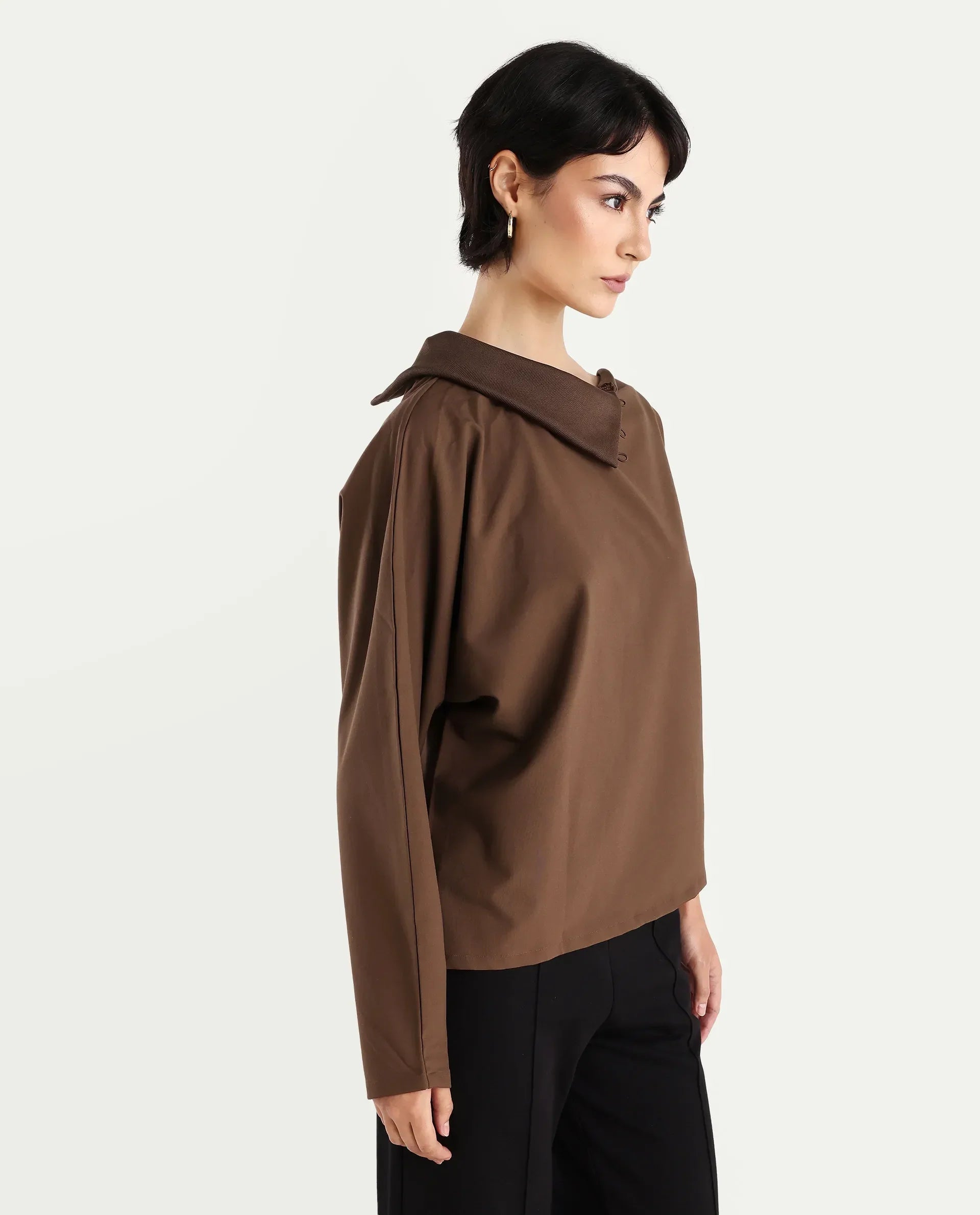 Rareism Women's Natta Brown Cotton High Neck Plain Regular Fit Top