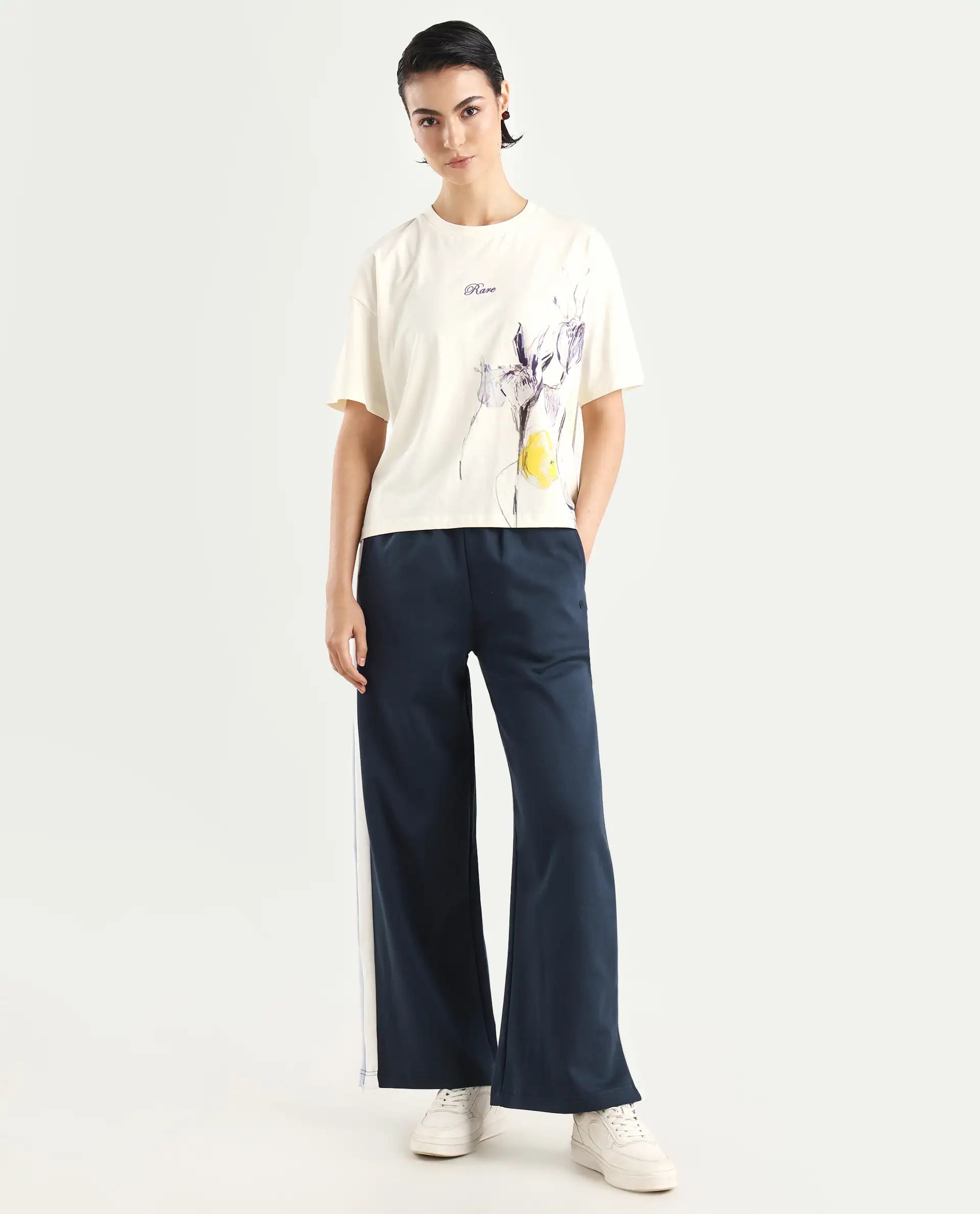 Rareism Women's Naut Navy Cotton Plain Ankle Length Wide Track Pant