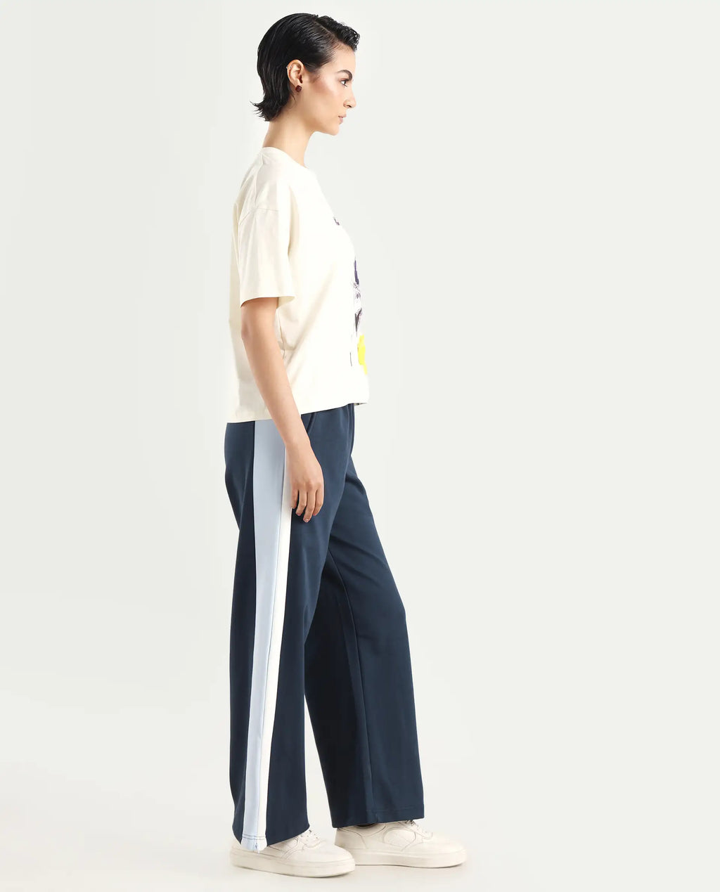 Rareism Women's Naut Navy Cotton Plain Ankle Length Wide Track Pant